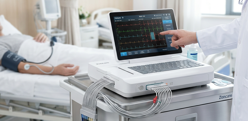 Digital 12-channel EKG machine displaying heart rate graphs beside patient in hospital bed